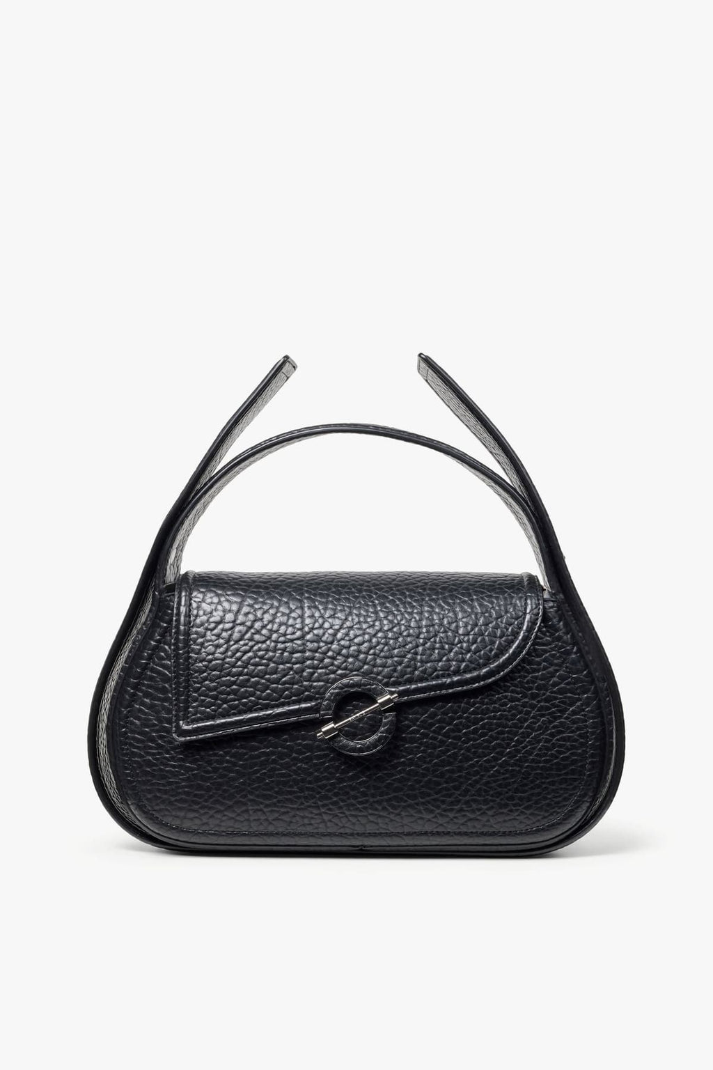 Bolso negro de textura granulada con cierre circular