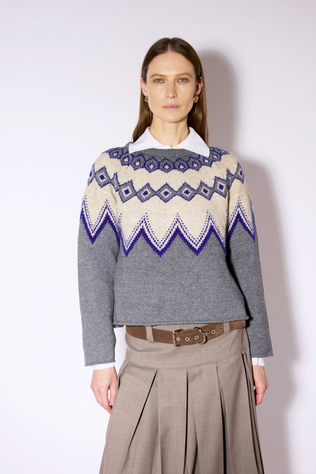 Jersey de punto con dibujo geométrico en gris y azul