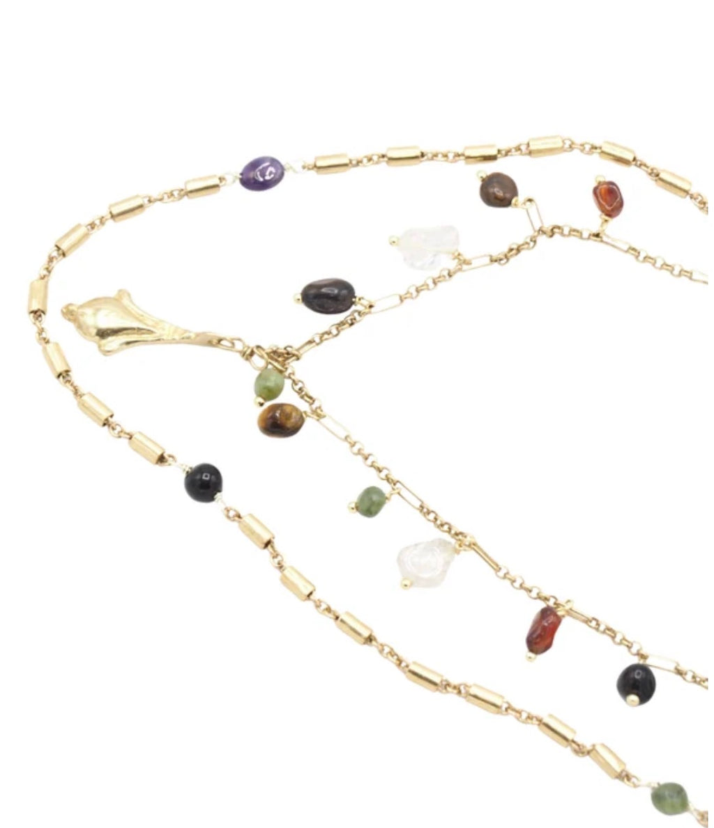 collar largo de doble cadena con piedras naturales multicolor