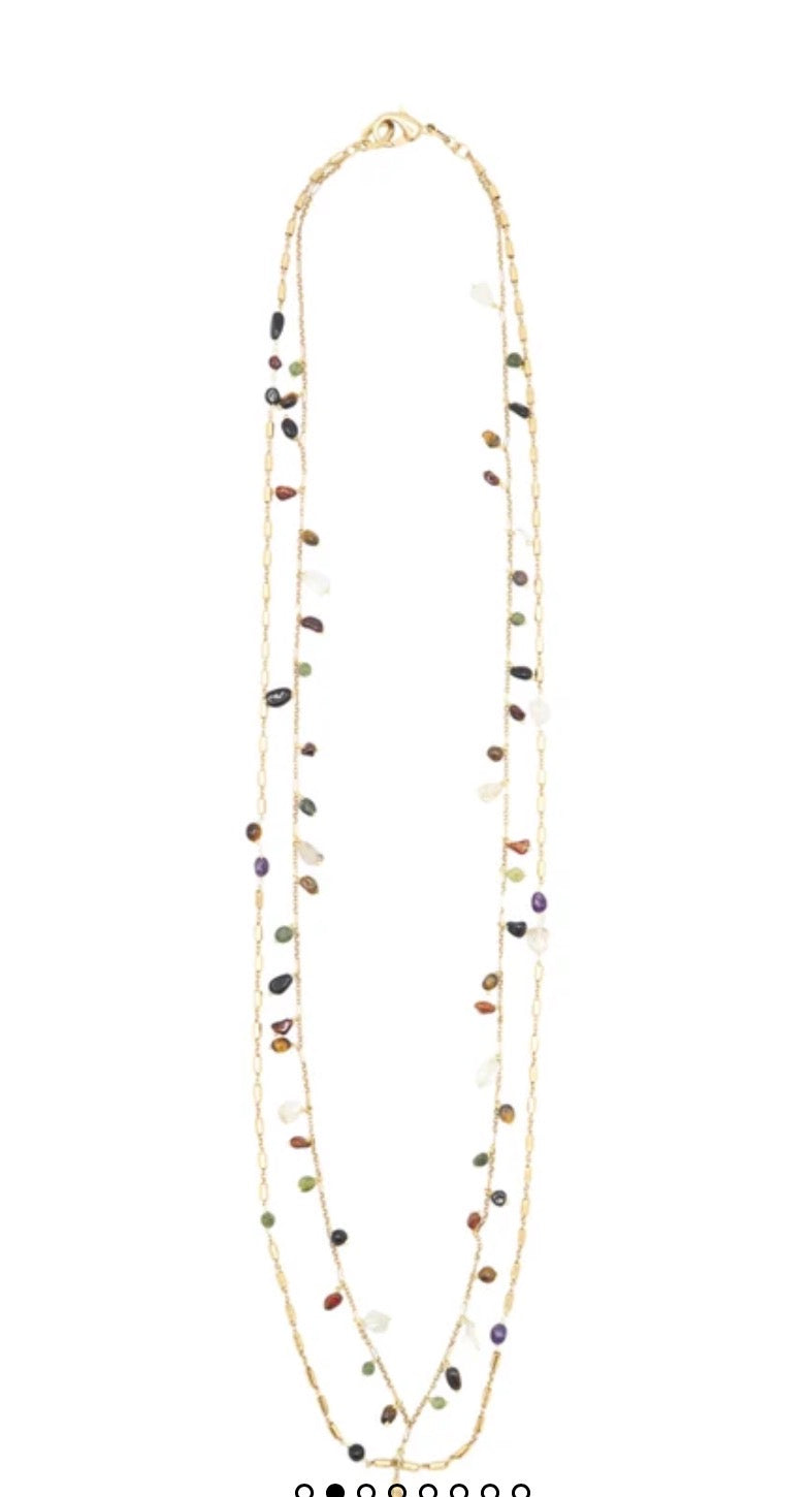 collar largo de doble cadena con piedras naturales multicolor