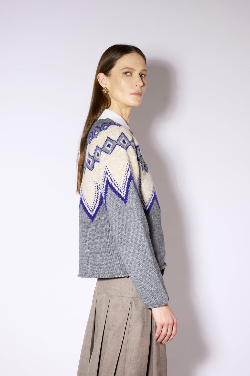 Jersey de punto con dibujo geométrico en gris y azul