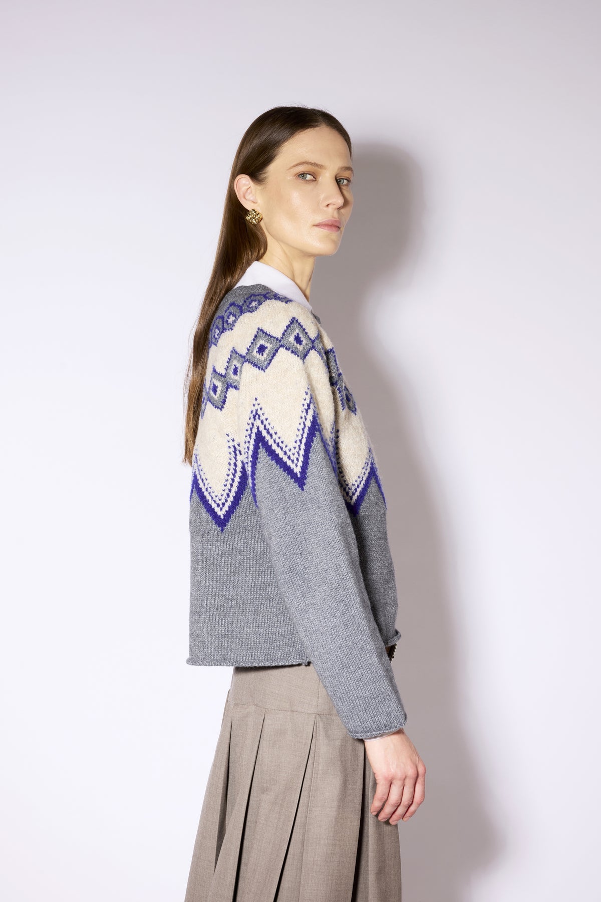 Jersey de punto con dibujo geométrico en gris y azul