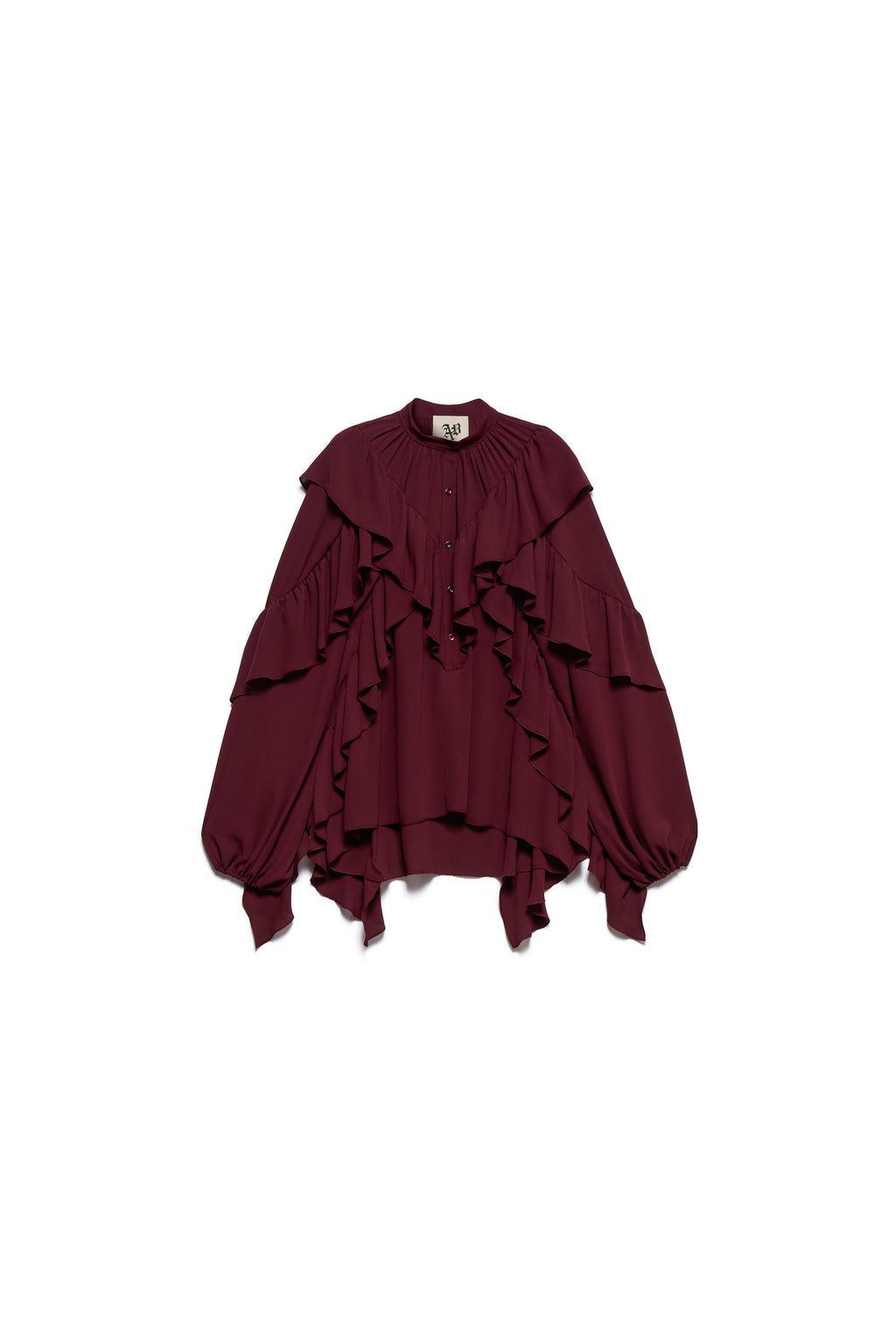 Blusa de manga larga con volantes y cuello mao