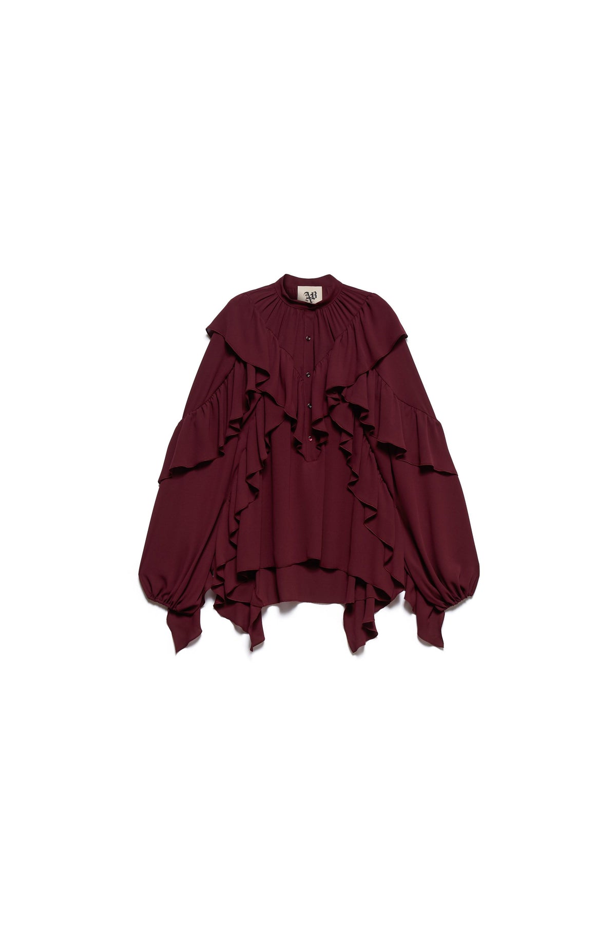 Blusa de manga larga con volantes y cuello mao