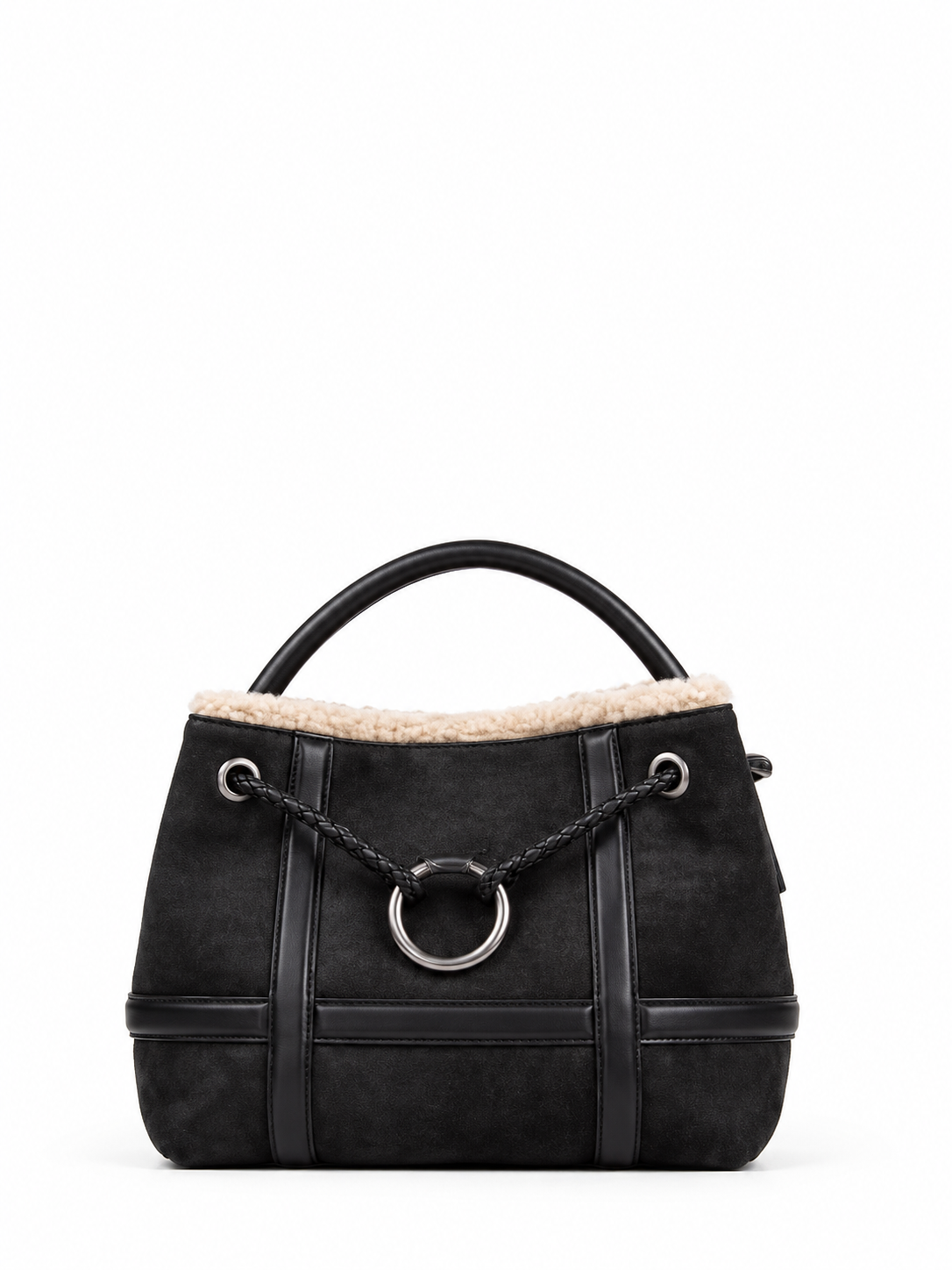 bolso mediano efecto ante con detalle de borreguito