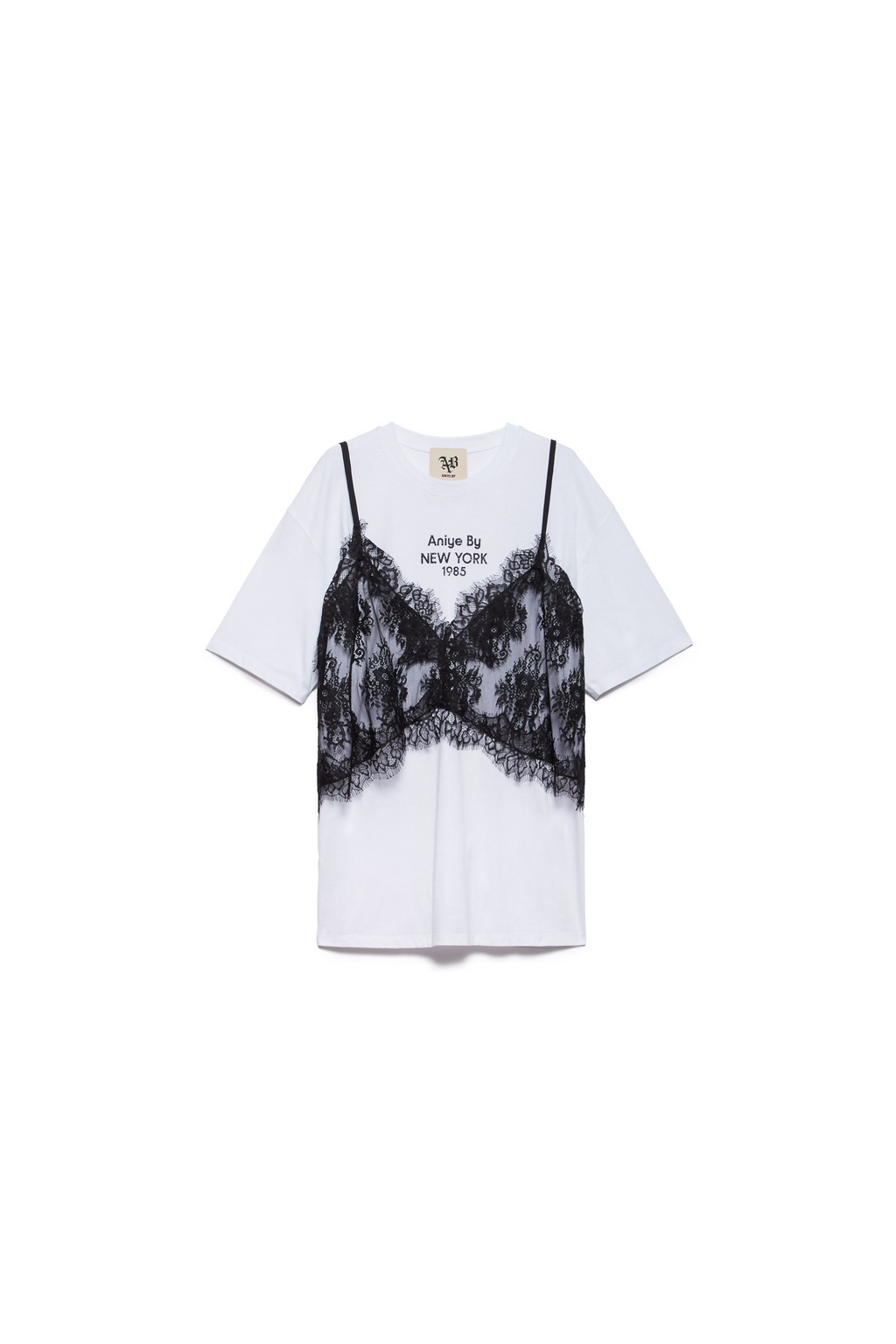 camiseta blanca con bralette de encaje negro en contraste💰