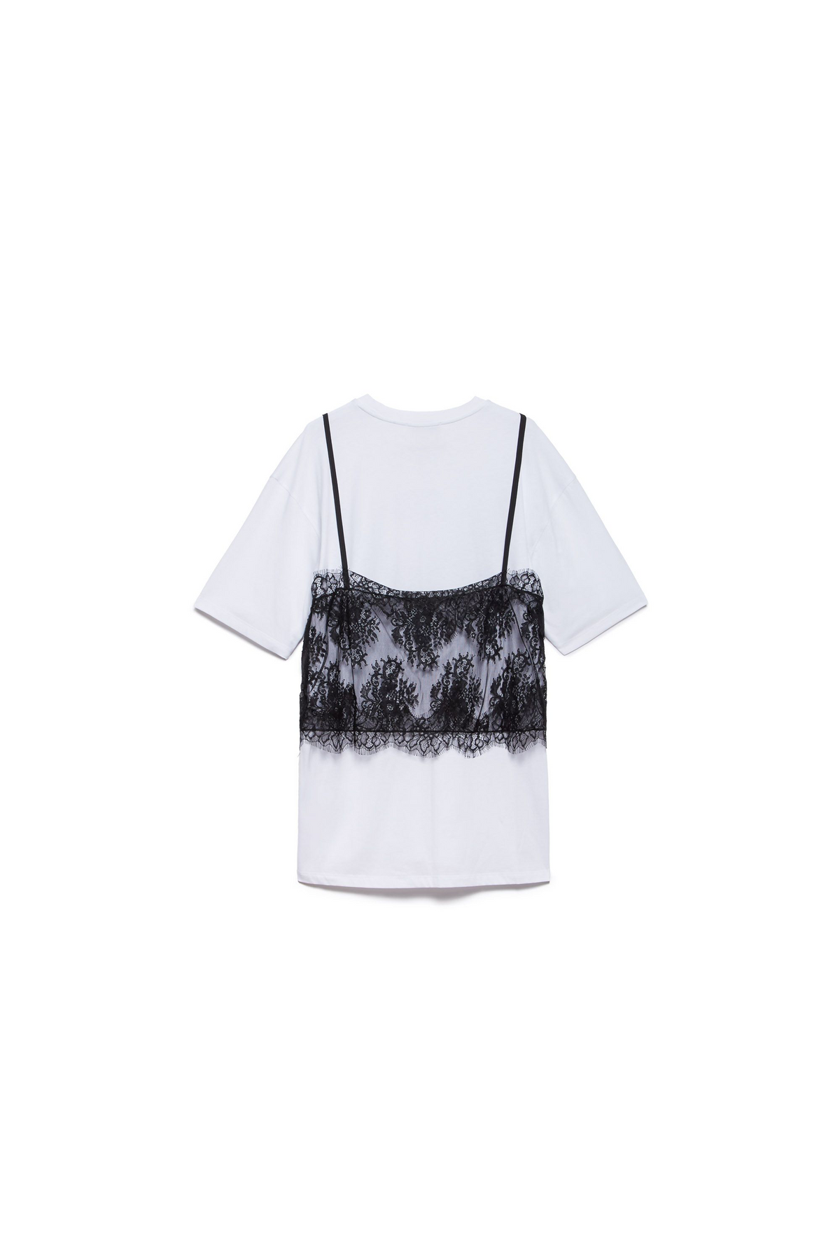camiseta blanca con bralette de encaje negro en contraste💰
