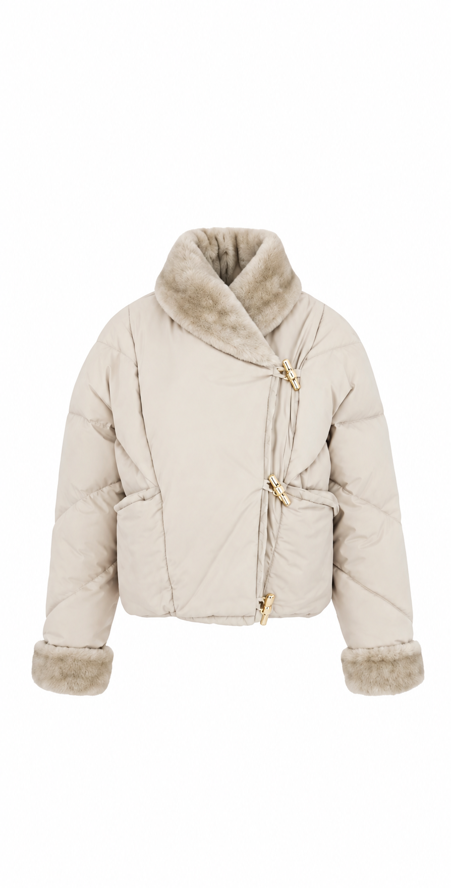 Chaqueta acolchada reversible crema con detalles de pelo
