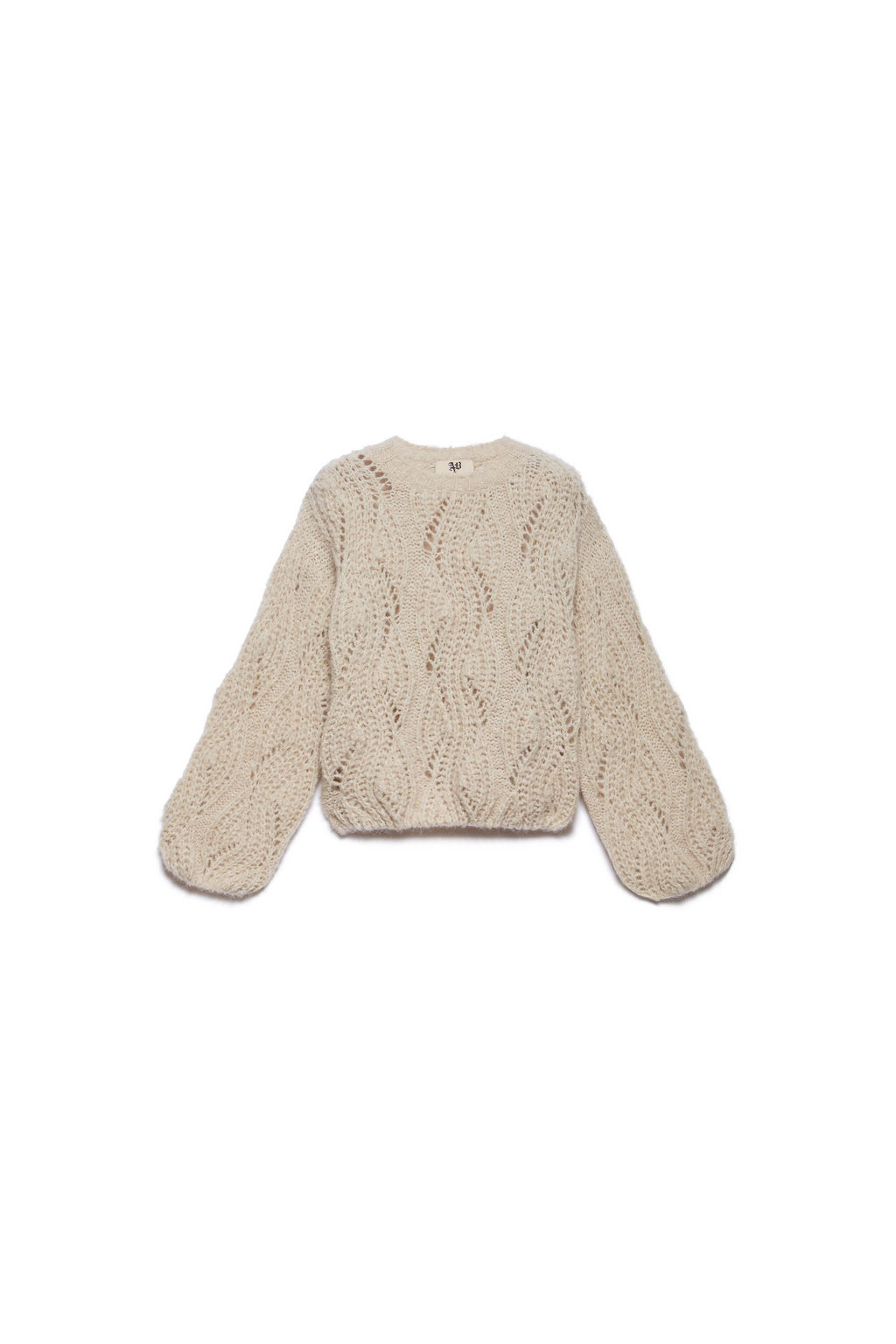 Jersey corto de punto calado beige con mangas abullonadas