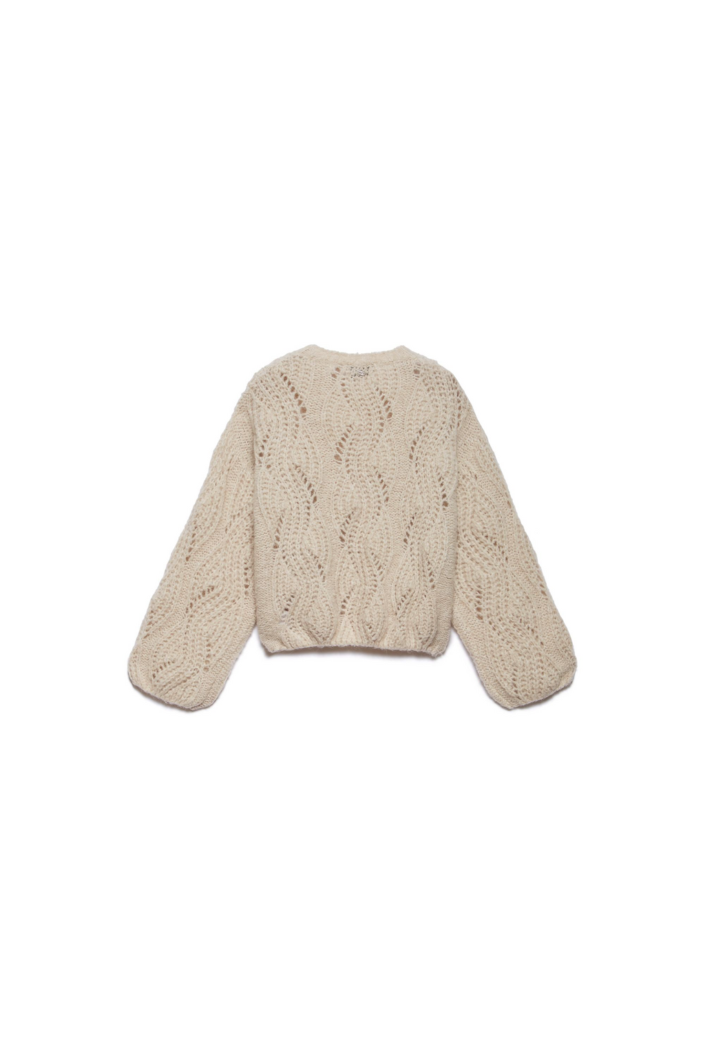 Jersey corto de punto calado beige con mangas abullonadas