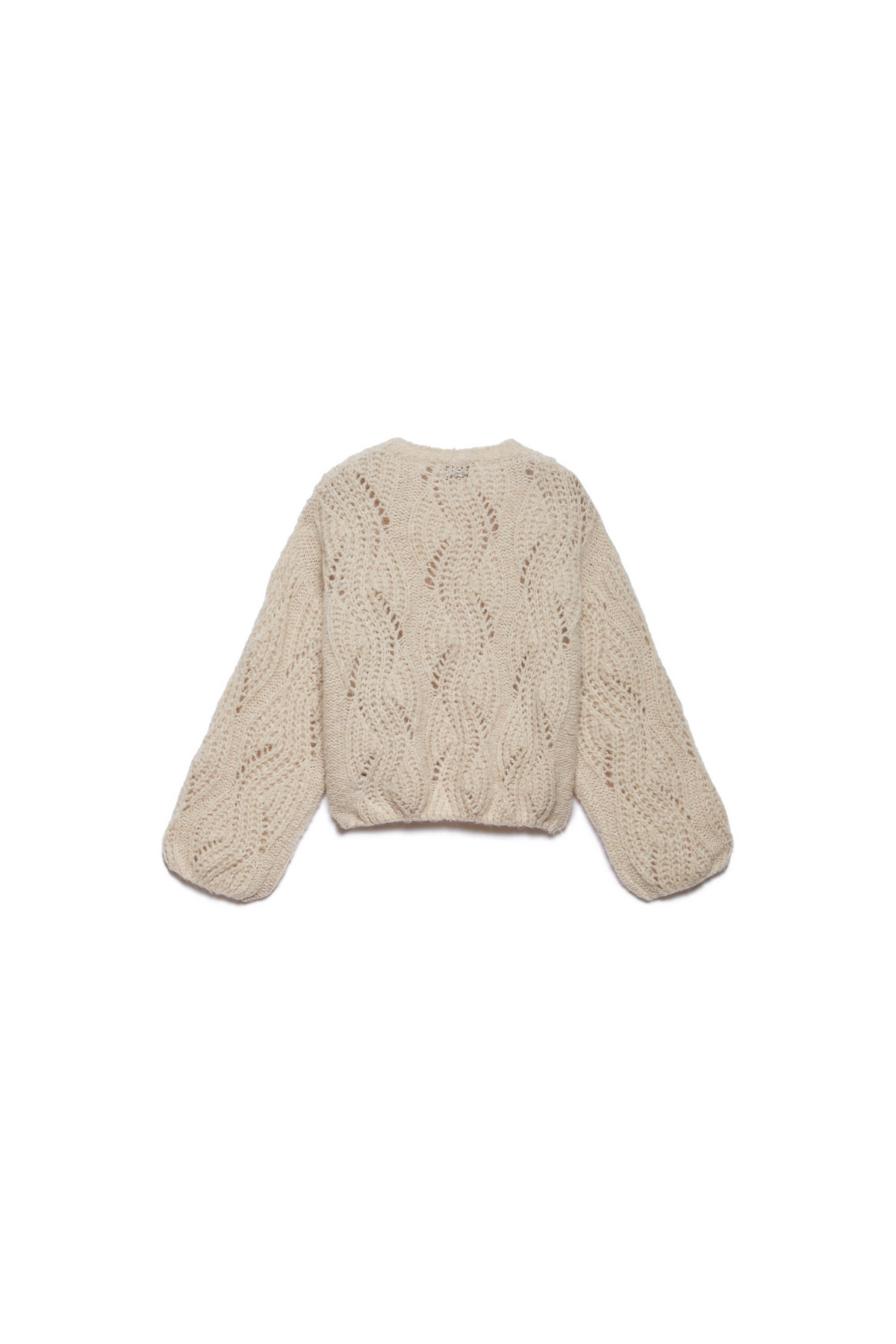 Jersey corto de punto calado beige con mangas abullonadas