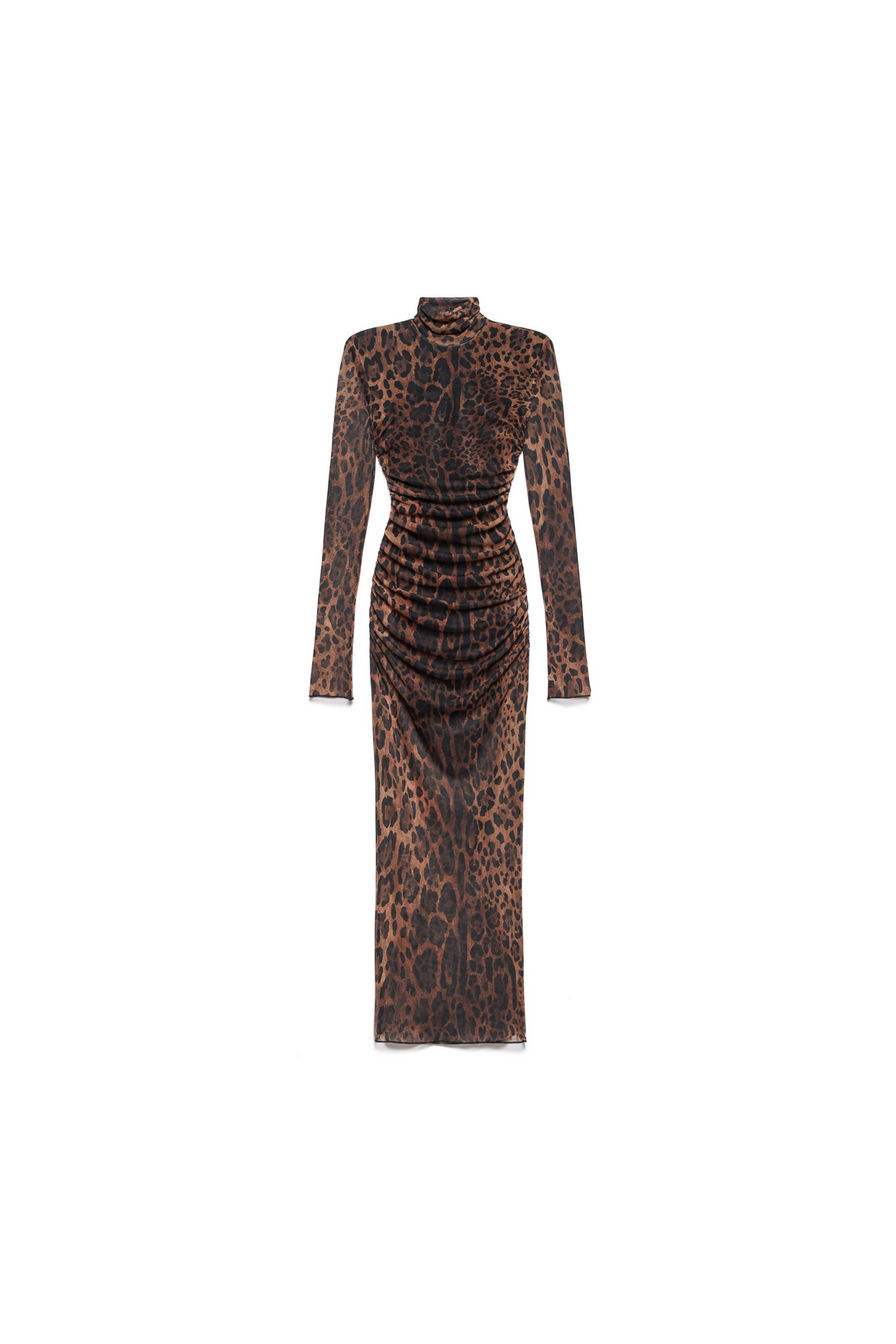 Vestido midi animal print con cuello alto y detalle fruncido