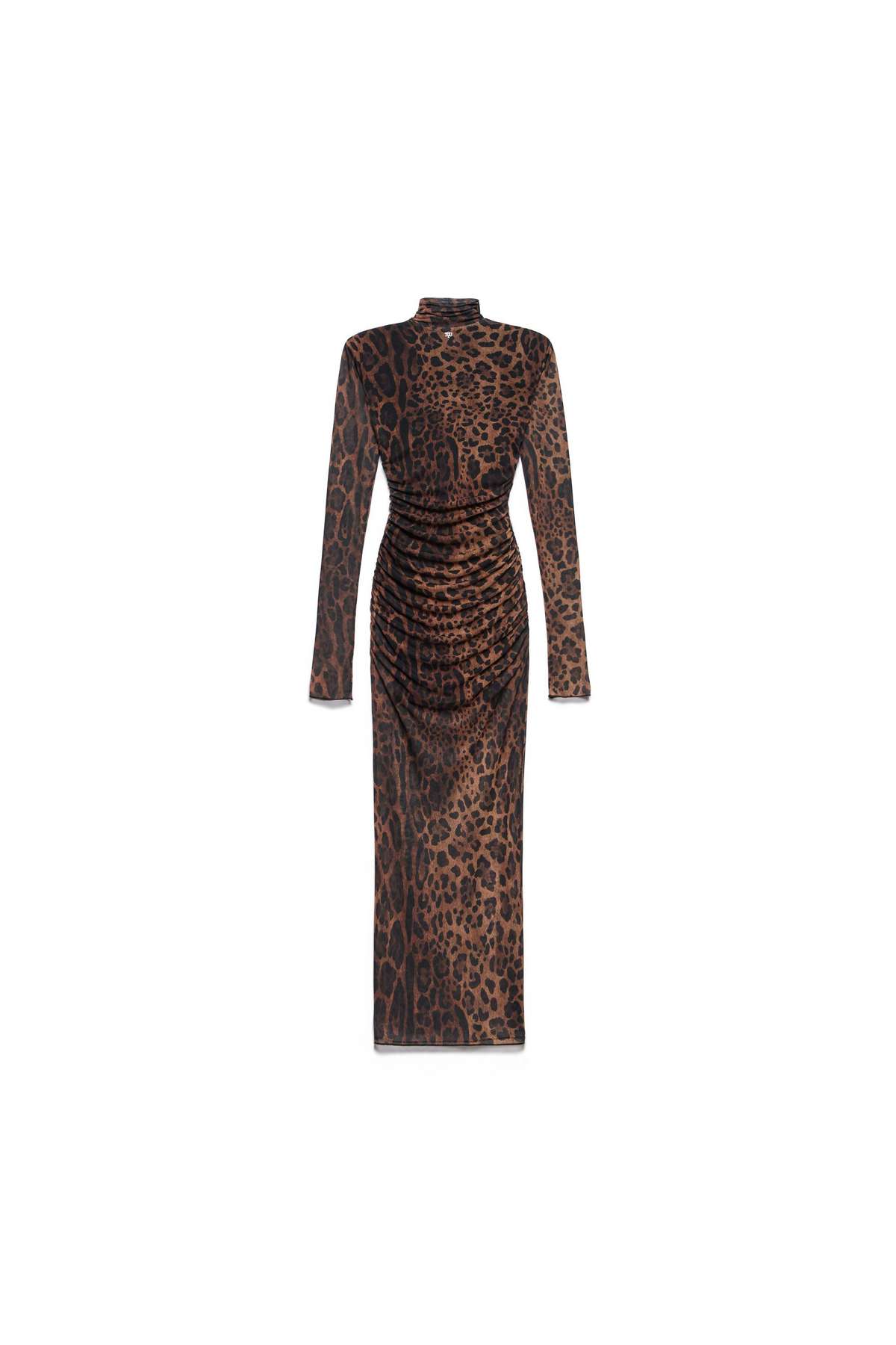 Vestido midi animal print con cuello alto y detalle fruncido